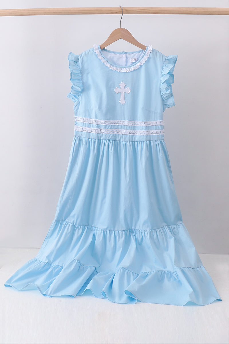 Blue cross embroidery ruffle tiered dress - Aaria Tees Aaria Tees