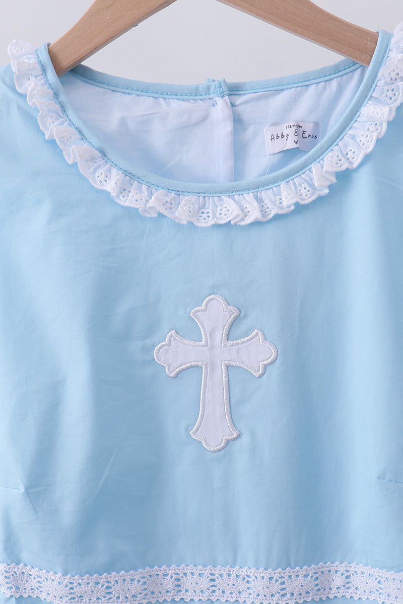 Blue cross embroidery ruffle tiered dress - Aaria Tees Aaria Tees