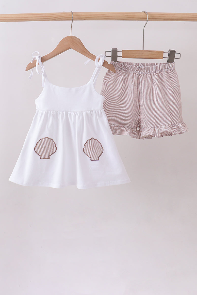 Ivory shell embroidery ruffle shorts set - Aaria Tees