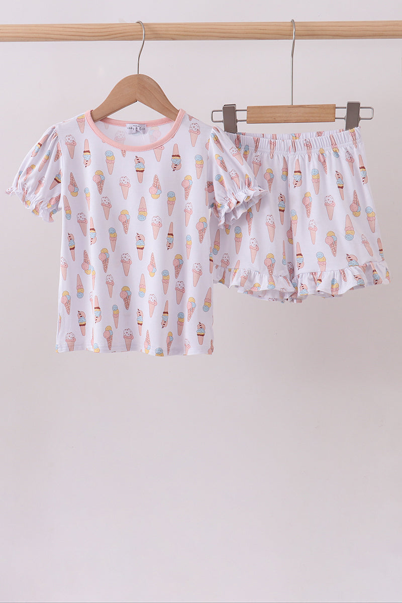Pink ice cream print bamboo ruffle pajama set - Aaria Tees