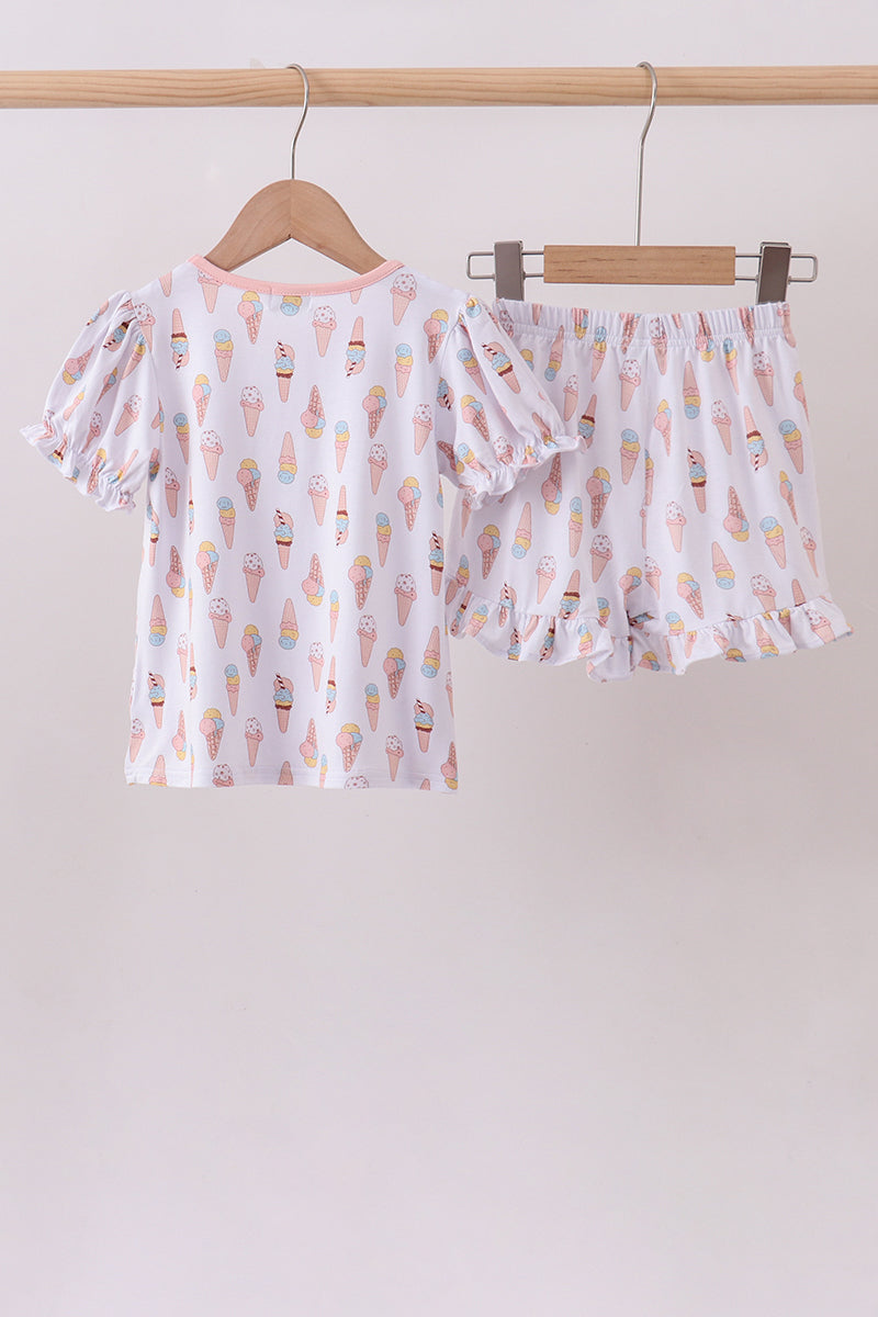 Pink ice cream print bamboo ruffle pajama set - Aaria Tees Aaria Tees