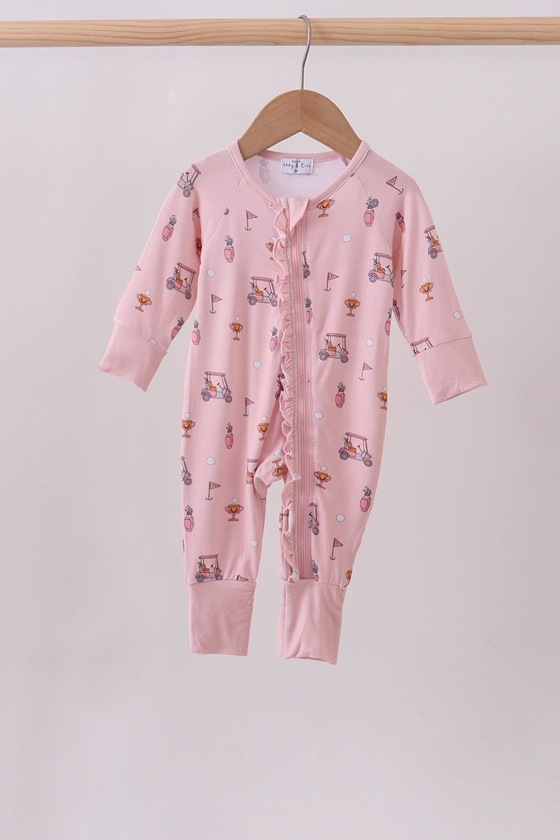 Pink golf cart print bamboo romper - Aaria Tees Aaria Tees