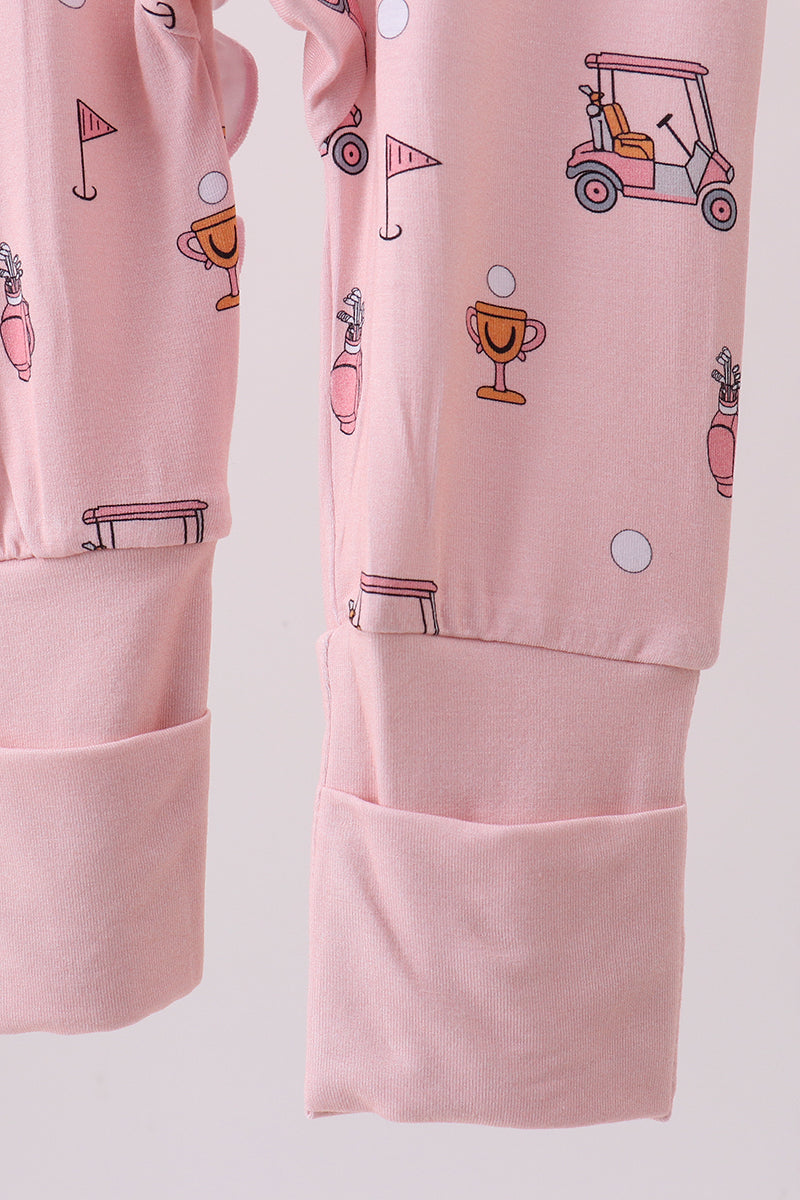Pink golf cart print bamboo romper - Aaria Tees Aaria Tees