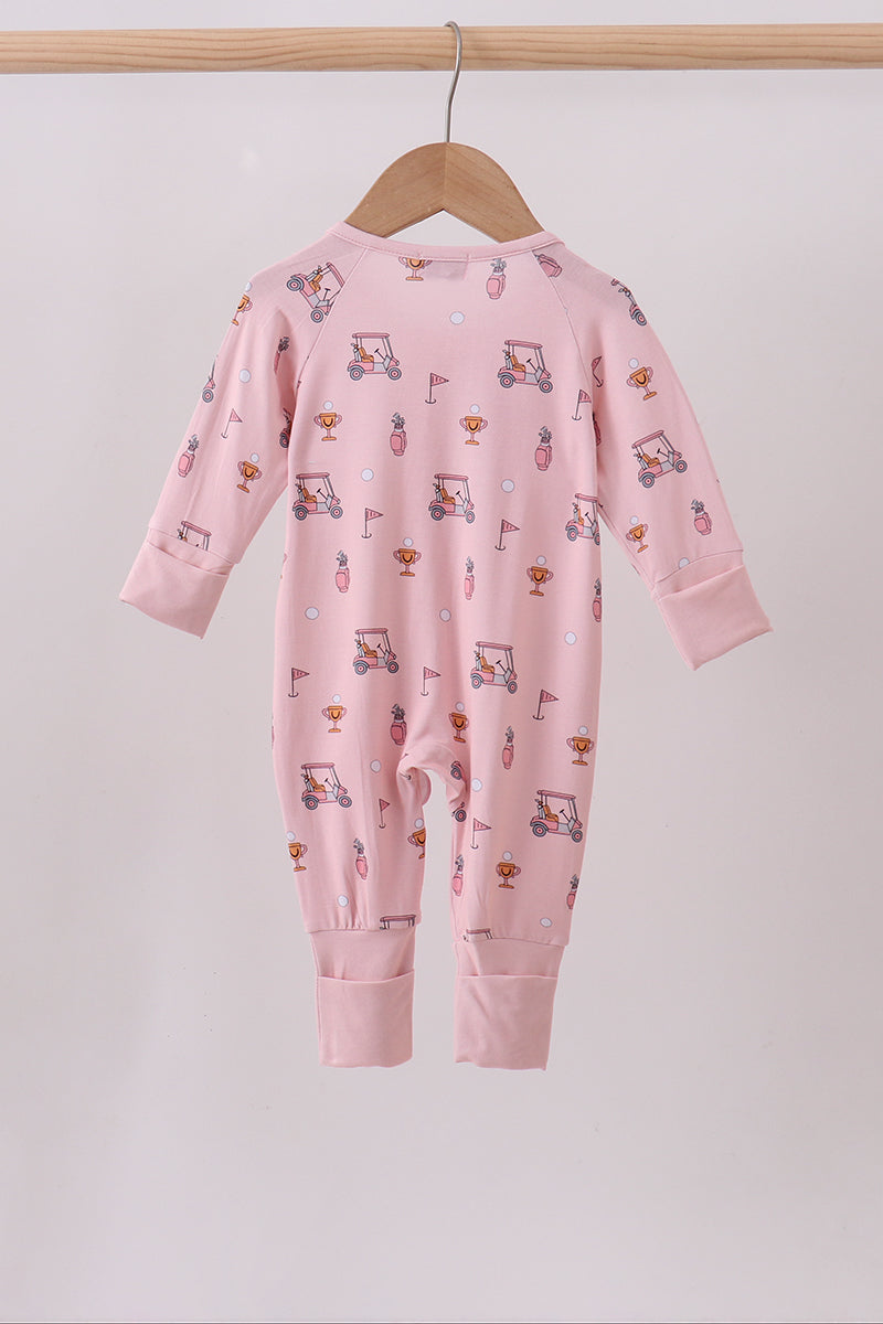 Pink golf cart print bamboo romper - Aaria Tees Aaria Tees