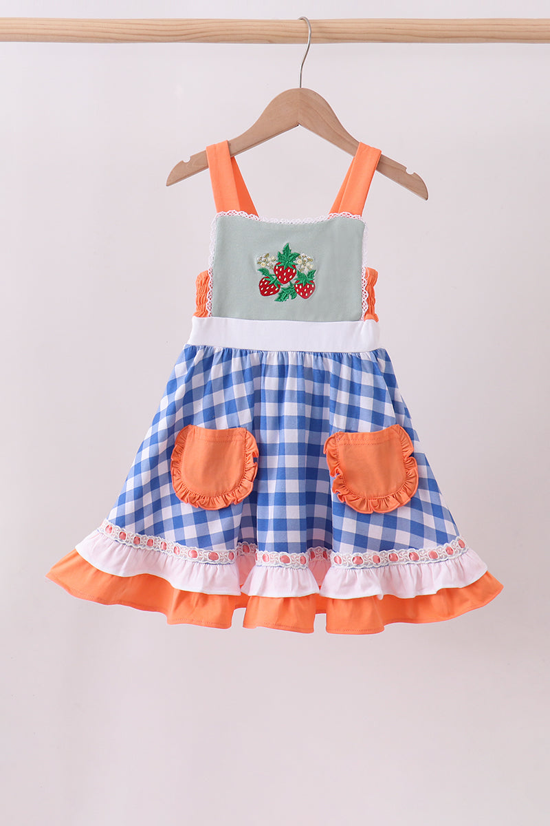 Sage strawberry embroidery ruffle gingham dress - Aaria Tees
