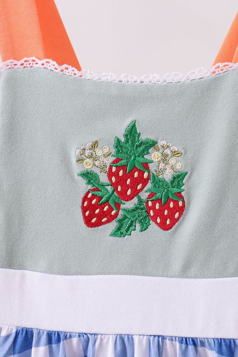 Sage strawberry embroidery ruffle gingham dress - Aaria Tees Aaria Tees
