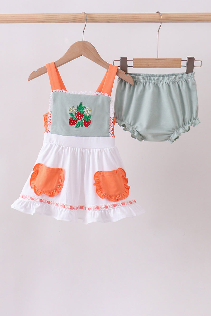 Sage strawberry embroidery ruffle bloomer set - Aaria Tees Aaria Tees