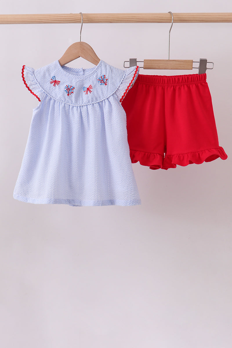 Blue stripe bow fireworks embroidery ruffle shorts set - Aaria Tees