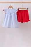 Blue stripe bow fireworks embroidery ruffle shorts set - Aaria Tees Aaria Tees