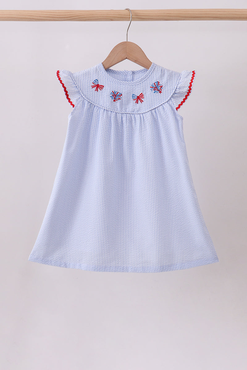 Blue stripe bow fireworks embroidery ruffle dress - Aaria Tees Aaria Tees