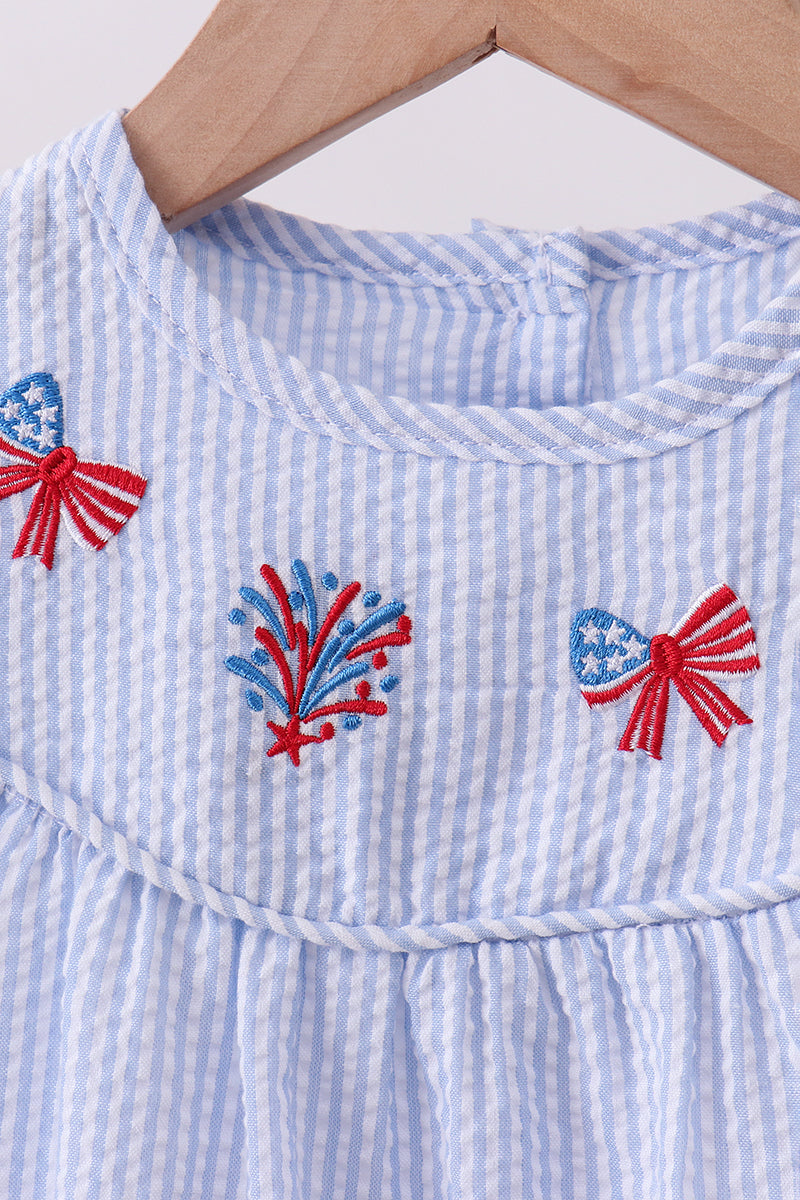 Blue stripe bow fireworks embroidery ruffle dress - Aaria Tees Aaria Tees