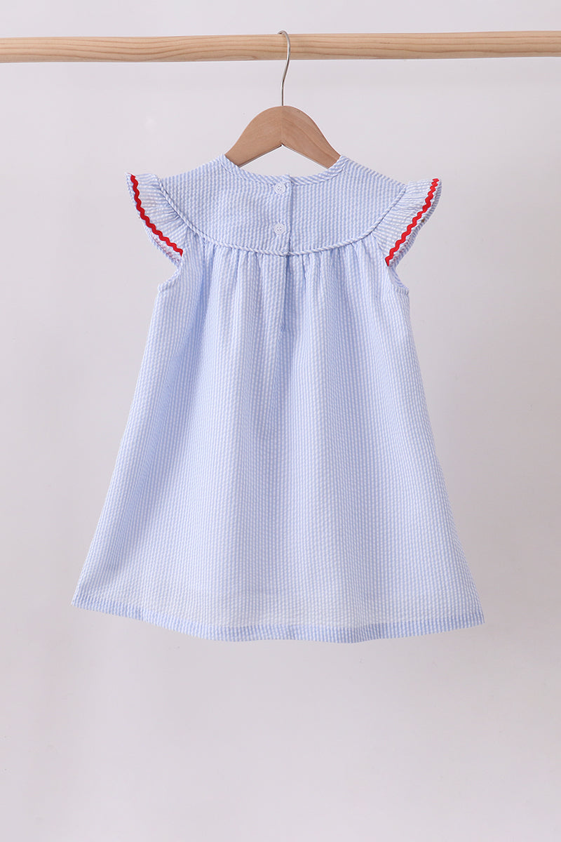 Blue stripe bow fireworks embroidery ruffle dress - Aaria Tees Aaria Tees