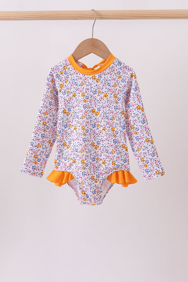 Mustard floral print ruffle rashguard - Aaria Tees Aaria Tees