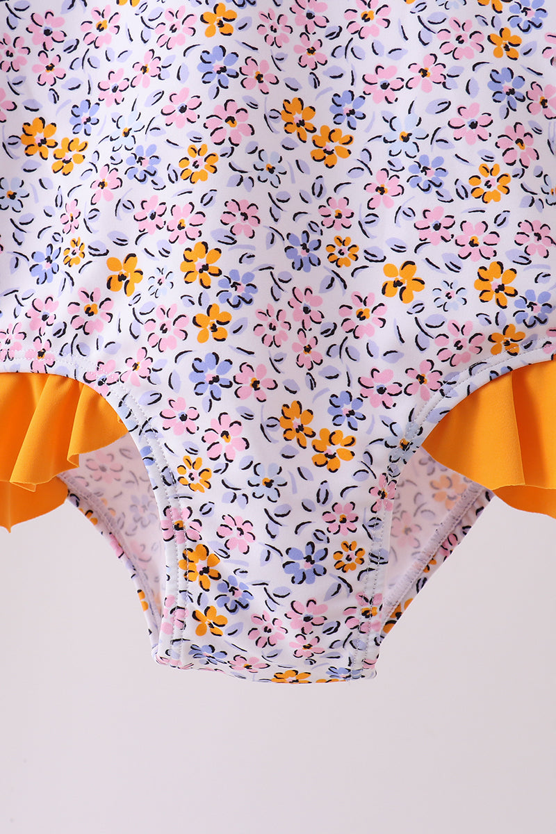 Mustard floral print ruffle rashguard - Aaria Tees Aaria Tees