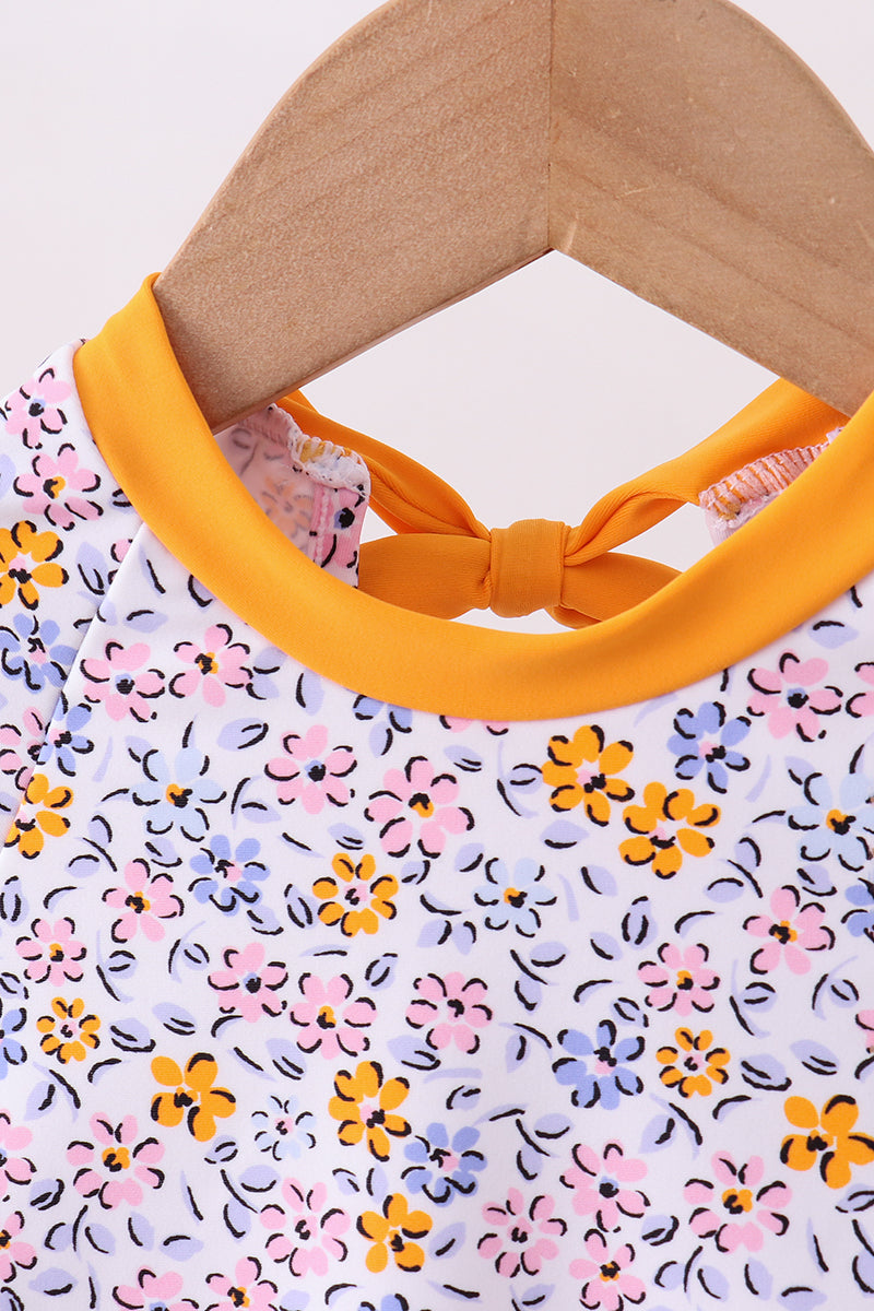 Mustard floral print ruffle rashguard - Aaria Tees Aaria Tees