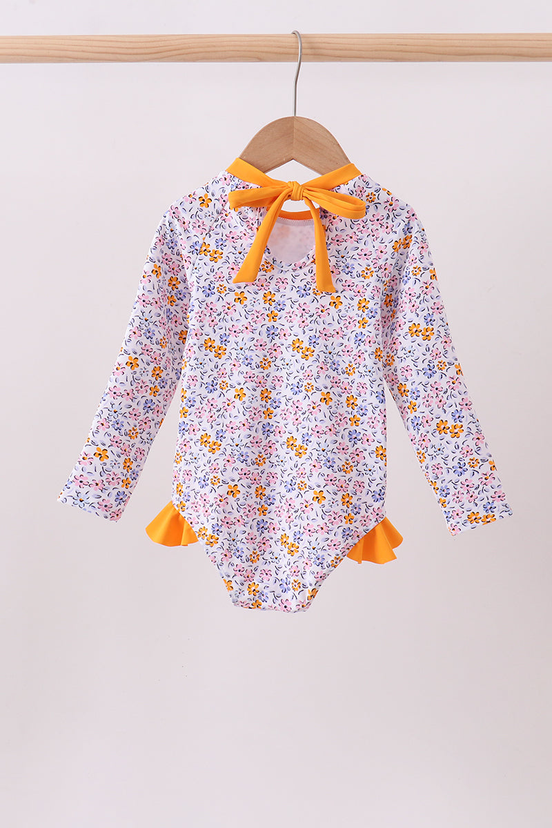 Mustard floral print ruffle rashguard - Aaria Tees Aaria Tees