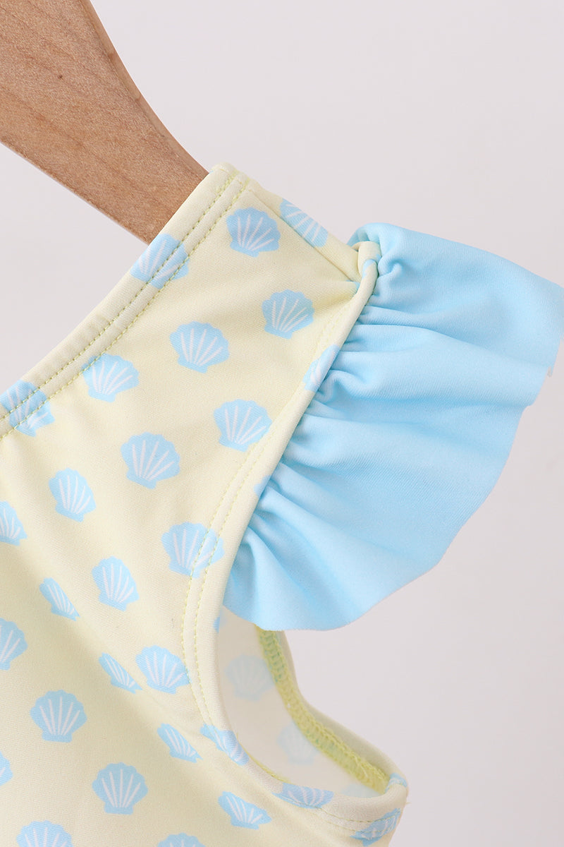 Yellow shell print bow ruffle swimsuit - Aaria Tees Aaria Tees