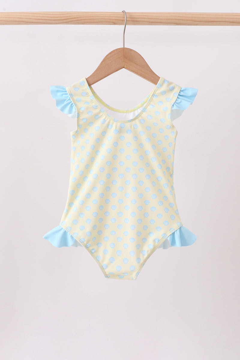 Yellow shell print bow ruffle swimsuit - Aaria Tees Aaria Tees