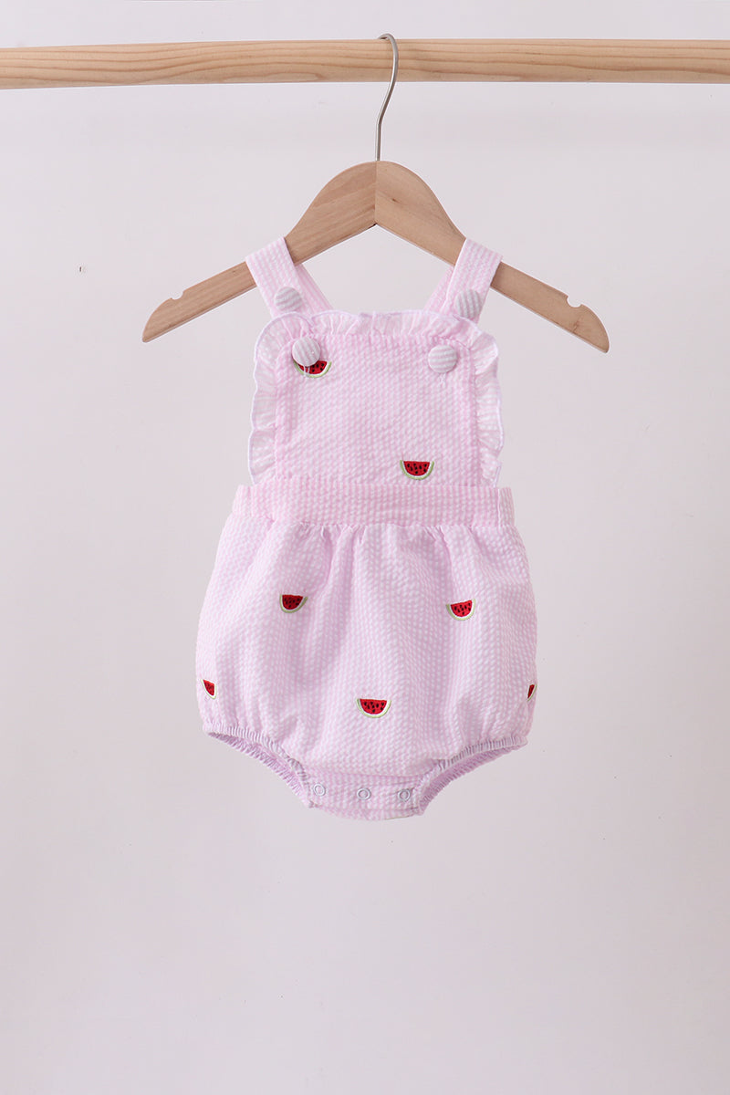 Pink stripe watermelon embroidery seersucker ruffle bubble - Aaria Tees