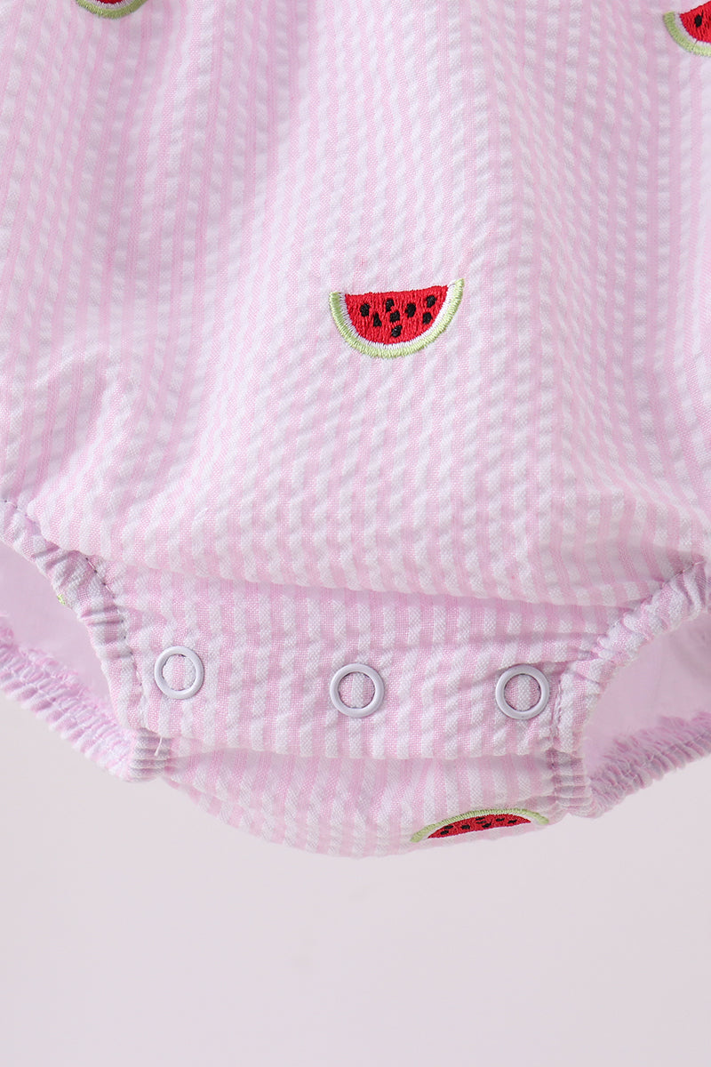 Pink stripe watermelon embroidery seersucker ruffle bubble - Aaria Tees Aaria Tees