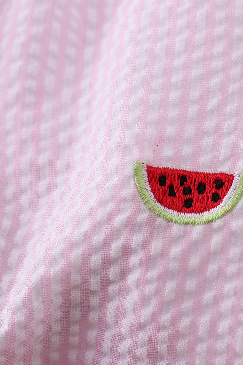 Pink stripe watermelon embroidery seersucker ruffle bubble - Aaria Tees Aaria Tees