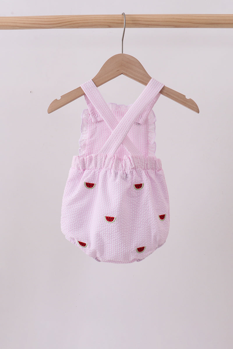 Pink stripe watermelon embroidery seersucker ruffle bubble - Aaria Tees Aaria Tees