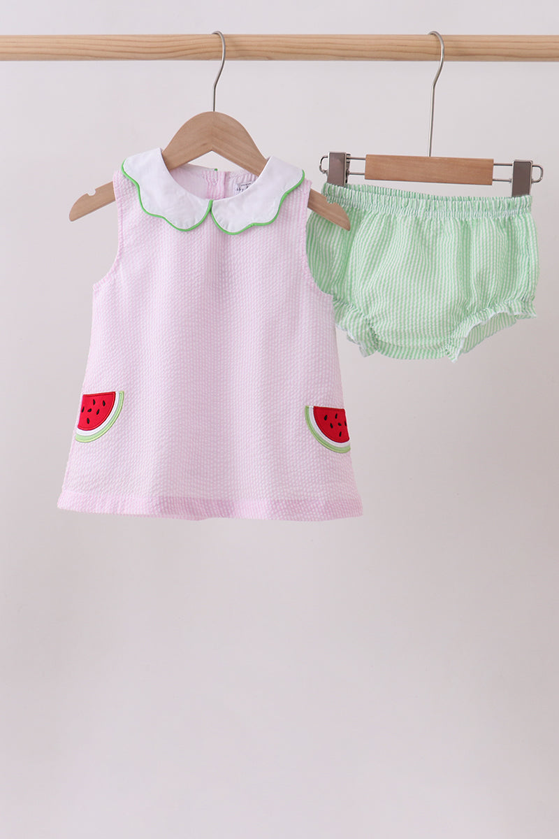Pink stripe watermelon embroidery seersucker bloomer set - Aaria Tees Aaria Tees