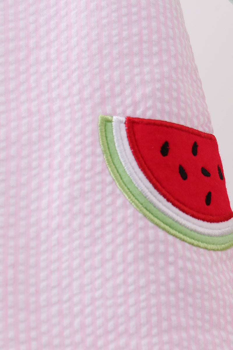 Pink stripe watermelon embroidery seersucker bloomer set - Aaria Tees Aaria Tees