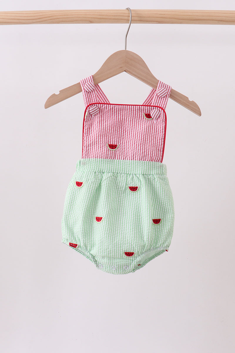 Red stripe watermelon embroidery seersucker bubble - Aaria Tees Aaria Tees