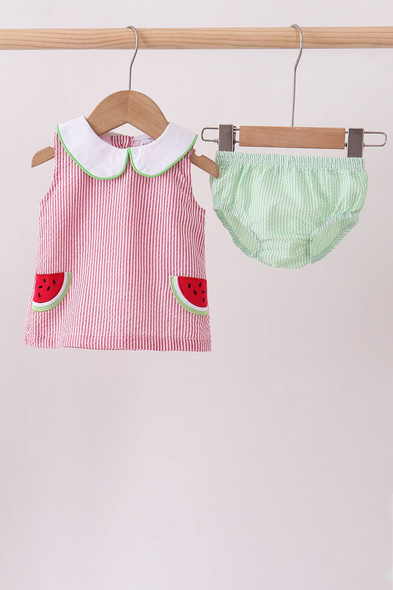 Red stripe watermelon embroidery seersucker bloomer set - Aaria Tees