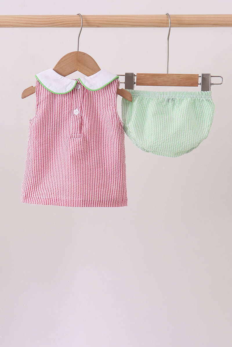 Red stripe watermelon embroidery seersucker bloomer set - Aaria Tees Aaria Tees