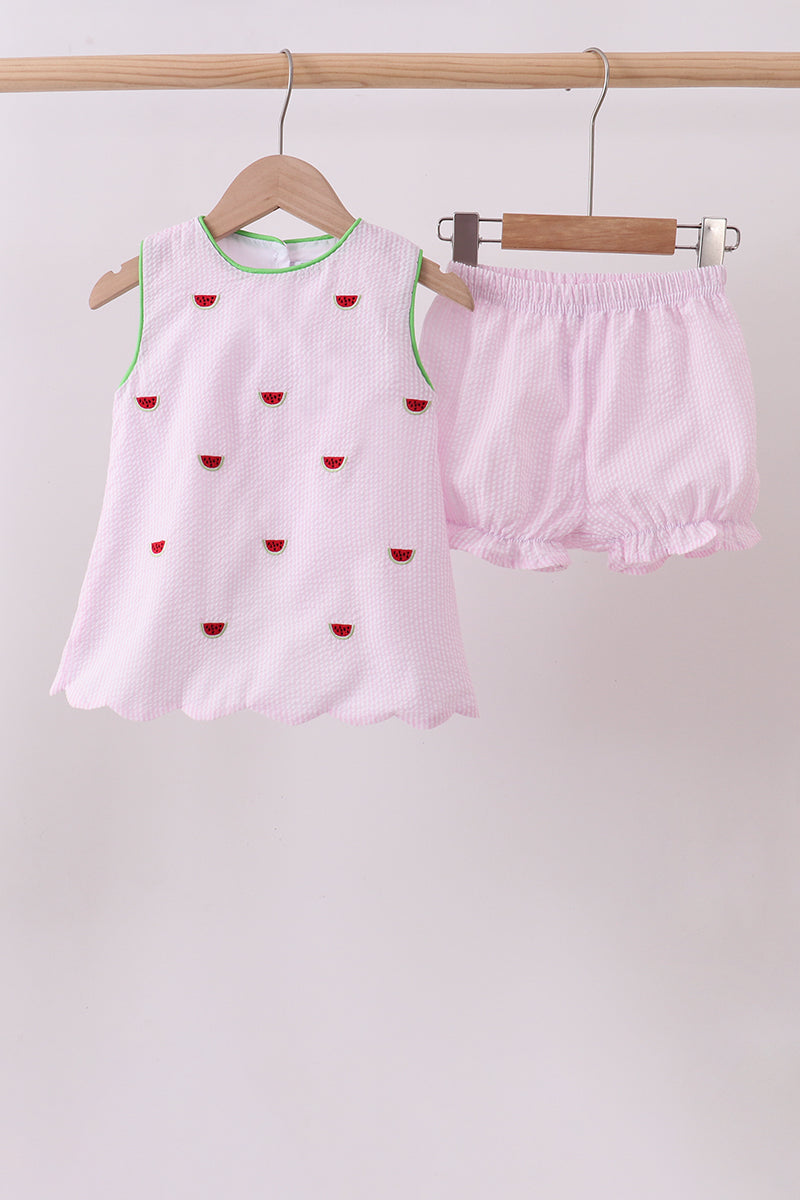 Pink stripe watermelon embroidery seersucker shorts set - Aaria Tees Aaria Tees