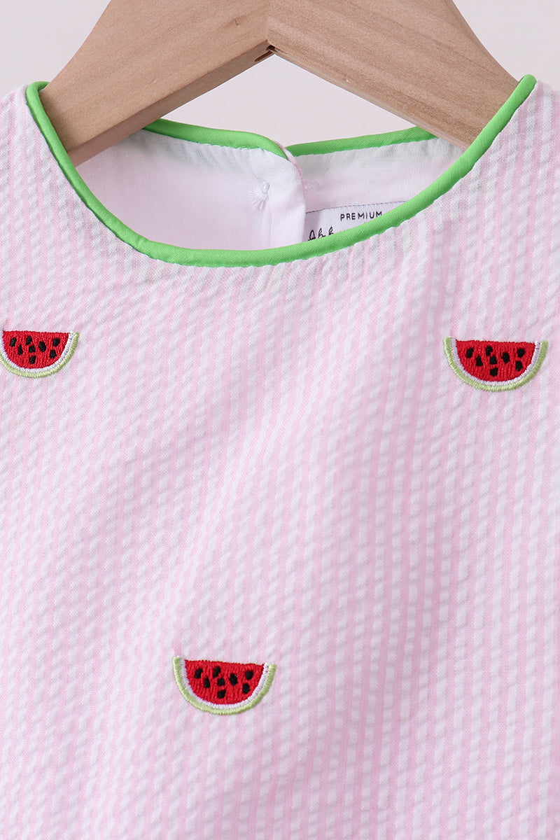 Pink stripe watermelon embroidery seersucker shorts set - Aaria Tees Aaria Tees