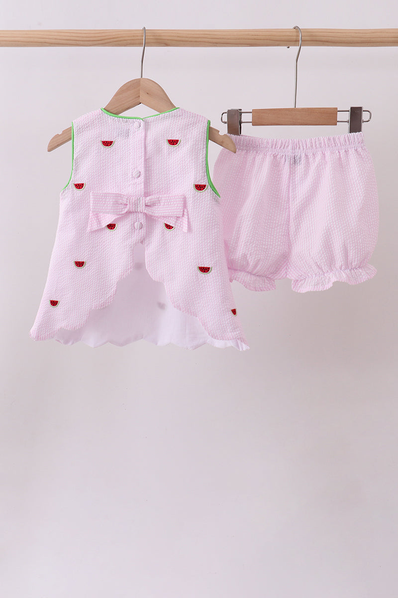 Pink stripe watermelon embroidery seersucker shorts set - Aaria Tees Aaria Tees