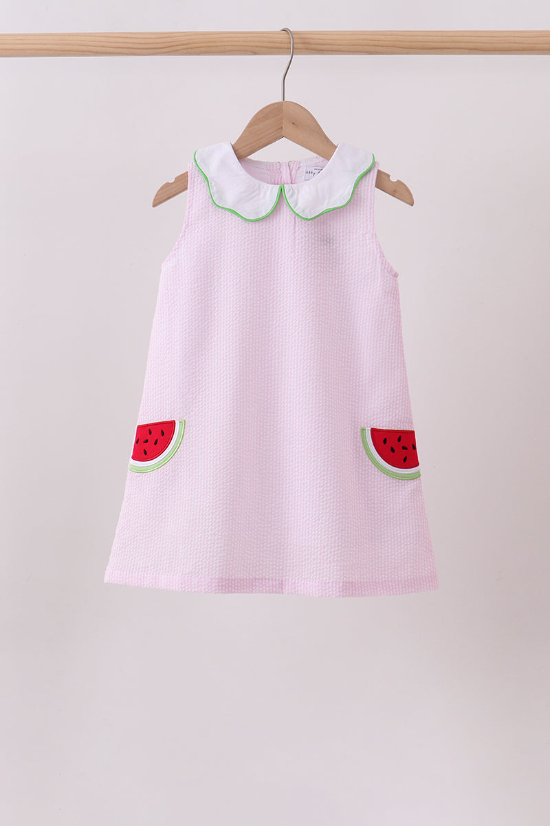 Pink stripe watermelon embroidery seersucker dress - Aaria Tees