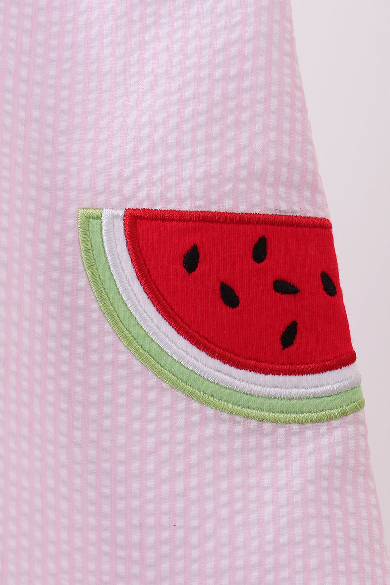 Pink stripe watermelon embroidery seersucker dress - Aaria Tees Aaria Tees