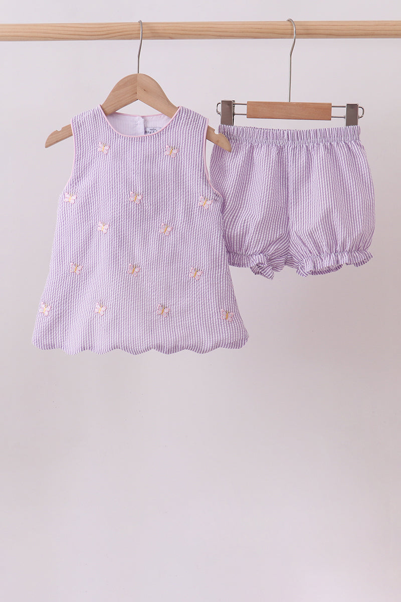 Purple seersucker butterfly embroidery shorts set - Aaria Tees Aaria Tees