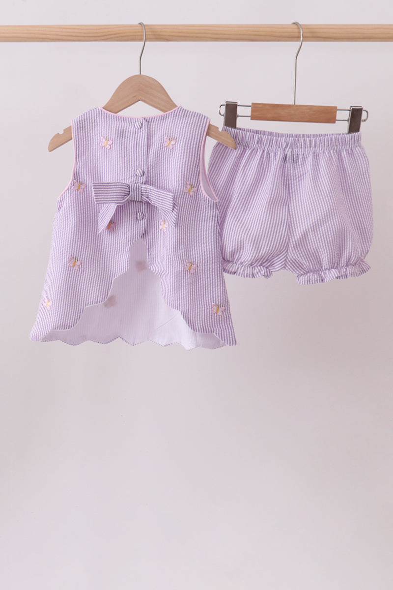 Purple seersucker butterfly embroidery shorts set - Aaria Tees Aaria Tees