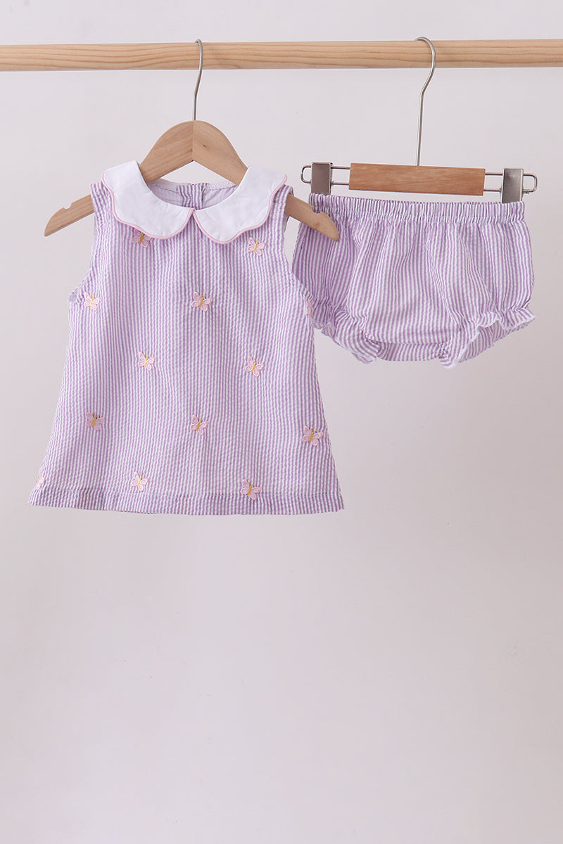 Purple seersucker butterfly embroidery bloomer set - Aaria Tees Aaria Tees