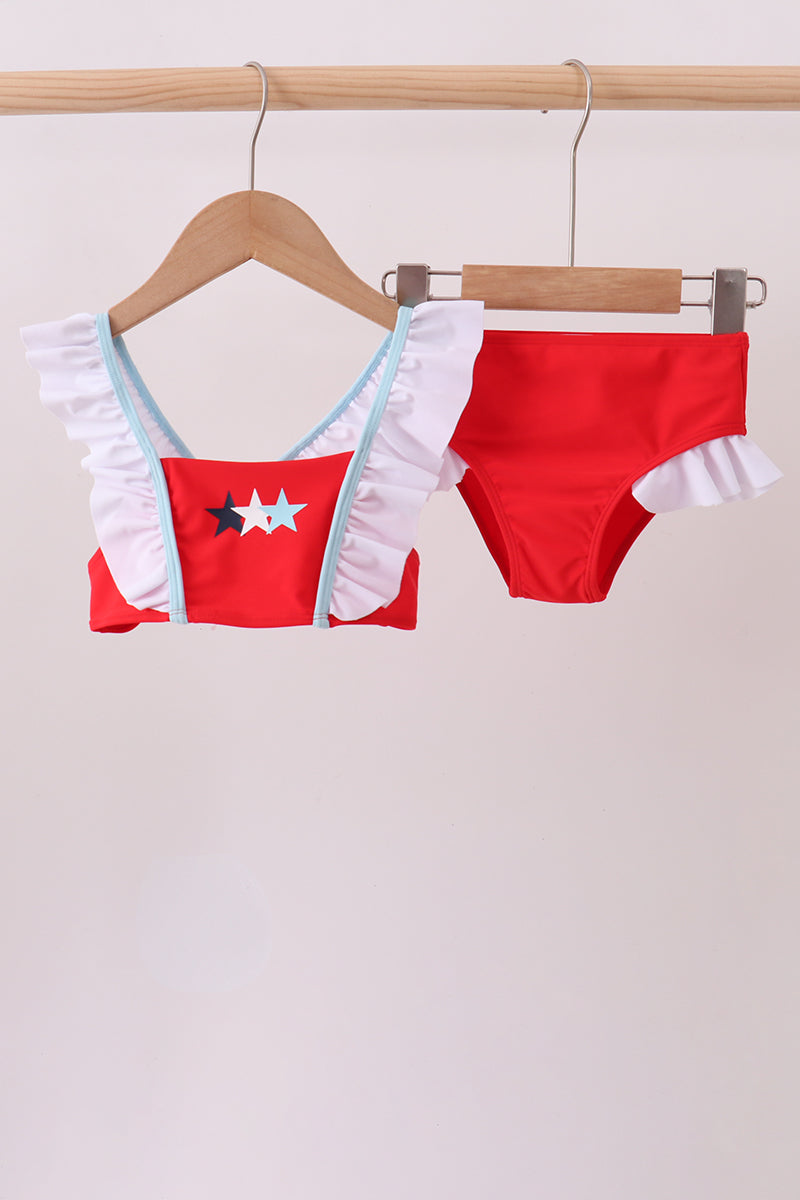 Red star embroidery ruffle 2pc swimsuit - Aaria Tees Aaria Tees