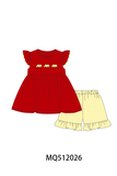 Red School bus Smocked Ruffle Shorts set Aaria Tees