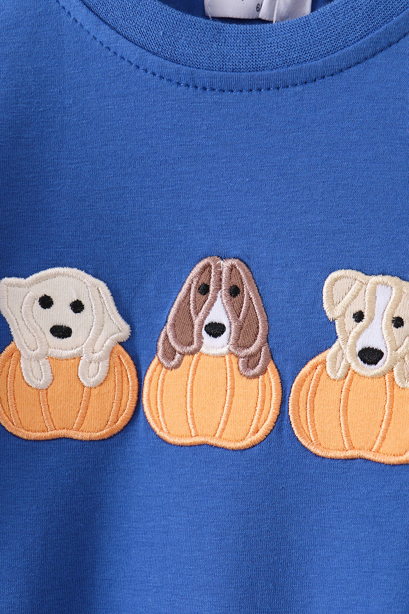 Royal blue puppy pumpkin embroidery romper - Aaria Tees Aaria Tees