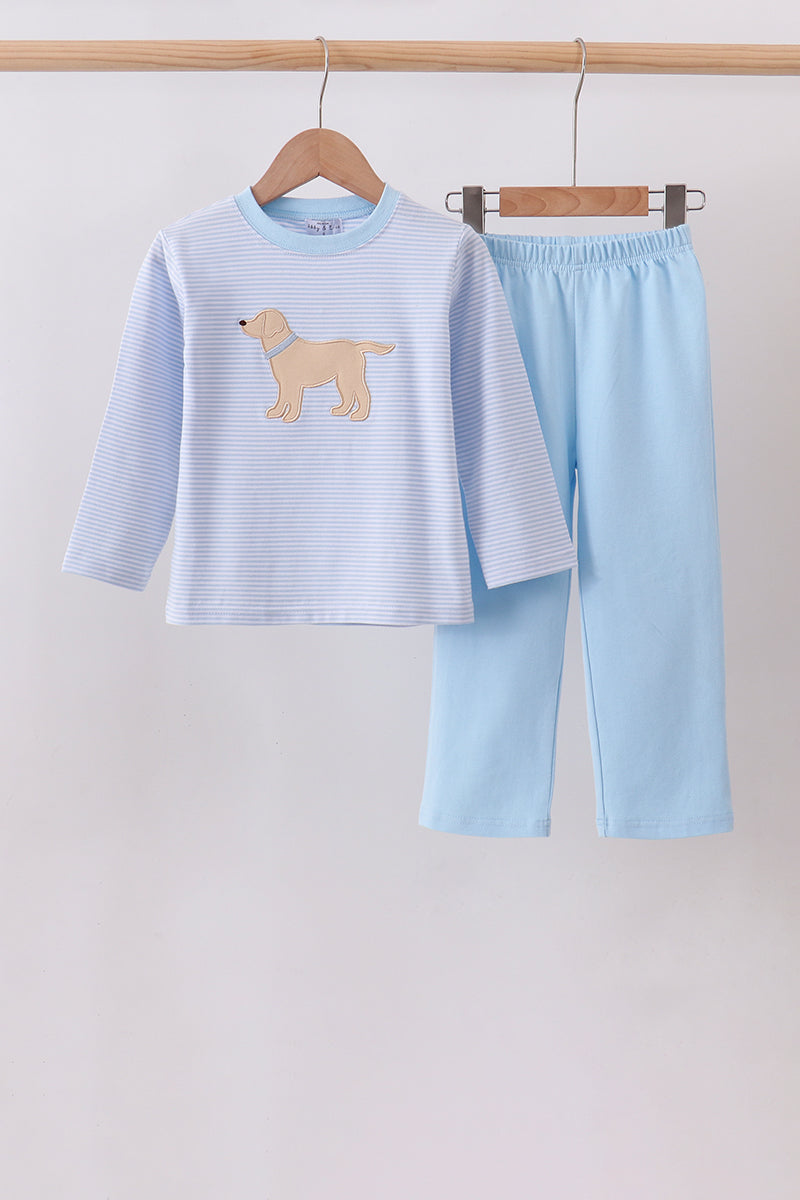 Blue stripe puppy embroidery pants set - Aaria Tees