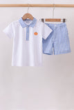 Blue gingham pumpkin embroidery shorts set - Aaria Tees Aaria Tees