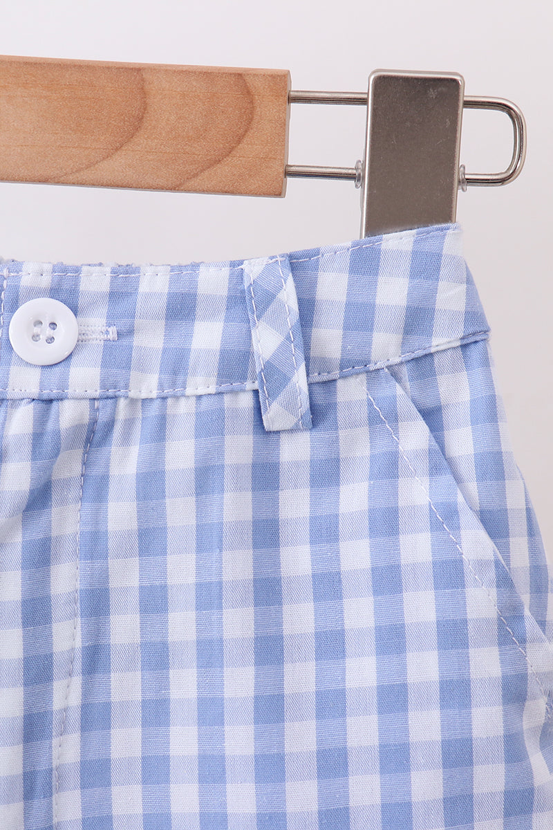 Blue gingham pumpkin embroidery shorts set - Aaria Tees Aaria Tees