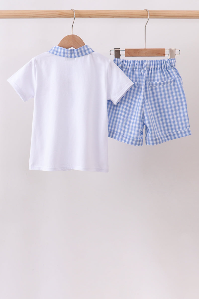 Blue gingham pumpkin embroidery shorts set - Aaria Tees Aaria Tees