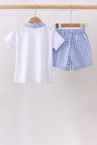 Blue gingham pumpkin embroidery shorts set - Aaria Tees Aaria Tees