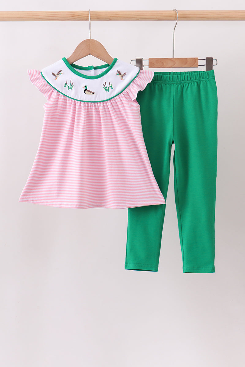 Pink stripe duck embroidery ruffle pants set - Aaria Tees Aaria Tees