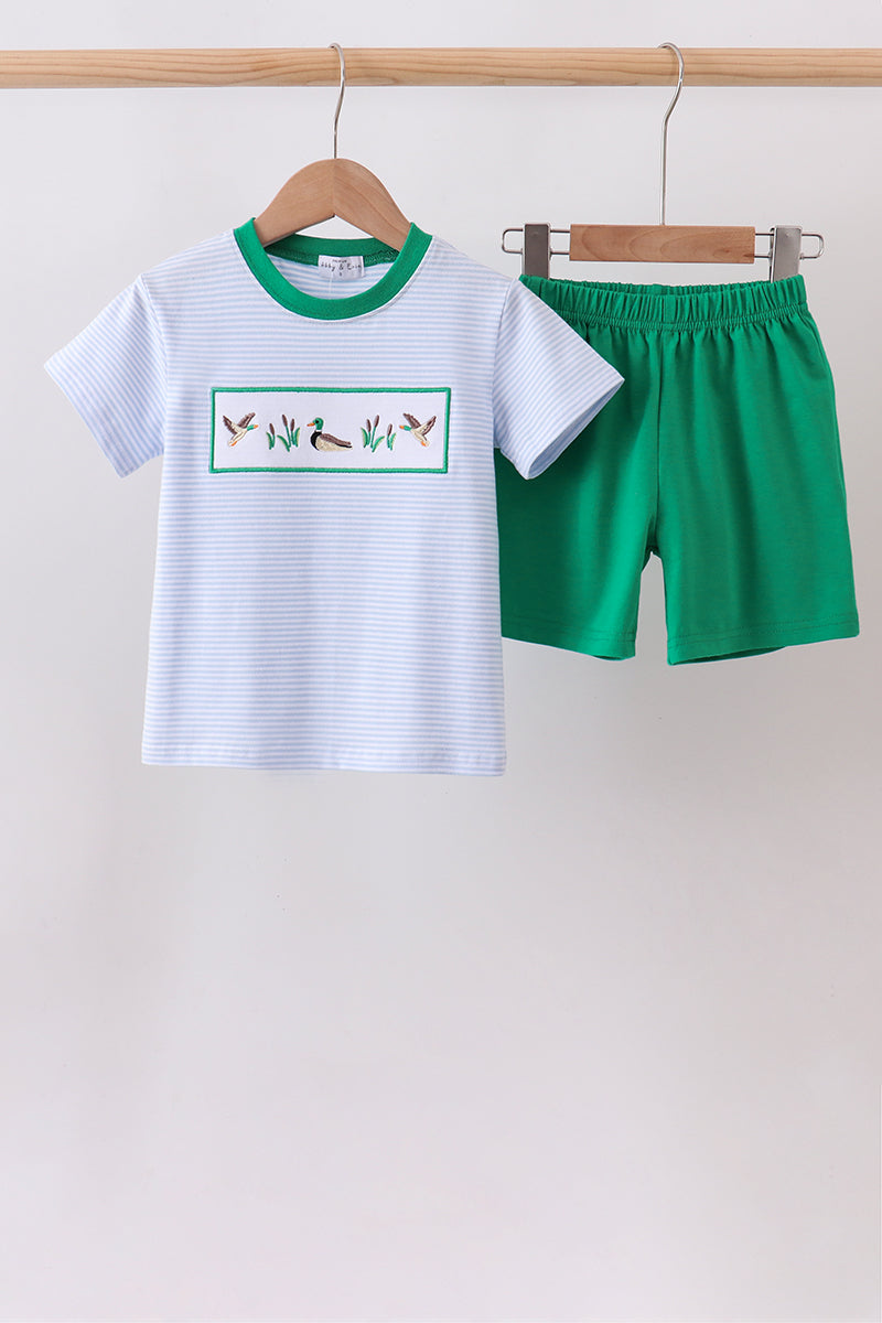 Blue stripe duck embroidery shorts set - Aaria Tees