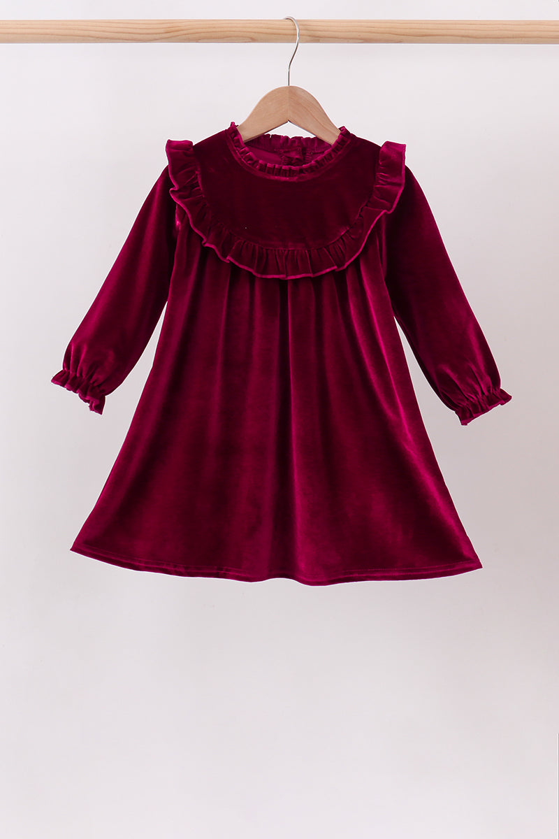 Burgundy velvet Ruffle Dress - Aaria Tees